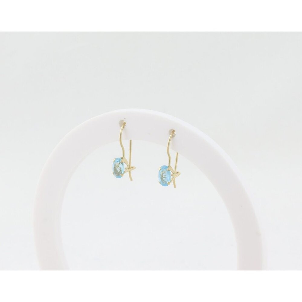 14k Yellow Gold Natural Swiss Blue Topaz Earrings Dangle Drop 5/8" x 1/8" - Picture 7 of 8